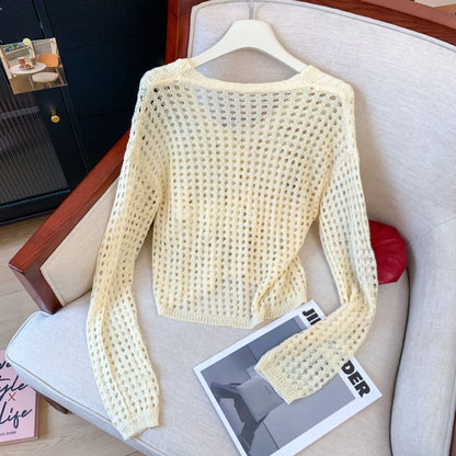 Crochet Cardigan Women Multicolor Heart Button Front Long Sleeve Sheer Openwork Knit Top Jacket Teen-girl Boho Vacation Outfit