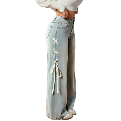 Women Casual Denim Pants Washed Lace Up Loose Spliced Long Pant Wide Leg Trousers Solid Pocket Elegant Lady Jeans Winter 2025