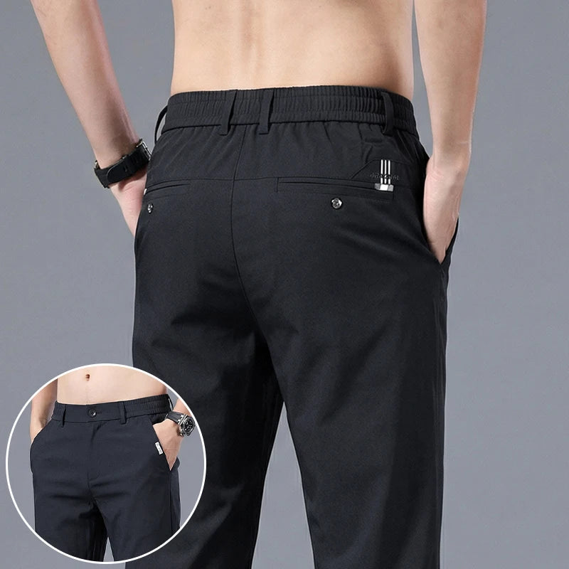 Good Quality Summer High Stretch Men's Casual Pants Polyamide Fiber Slim Straight Business Elastic Waist Work Chino Thin Trouser