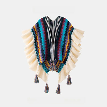 Women Spring Autumn Bohemia Shawl Lady Mohair Knitted Tassel Cardigan Retro Ethnic Wrap Striped Ruffled Scarf for Travel New in