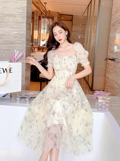 Zoki Elegant Floral Chiffon Party Dress Women Fashion Puff Sleeve A Line Midi Dress Sweet Square Collar Korean Female Vestidos