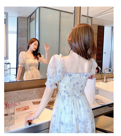 Zoki Elegant Floral Chiffon Party Dress Women Fashion Puff Sleeve A Line Midi Dress Sweet Square Collar Korean Female Vestidos