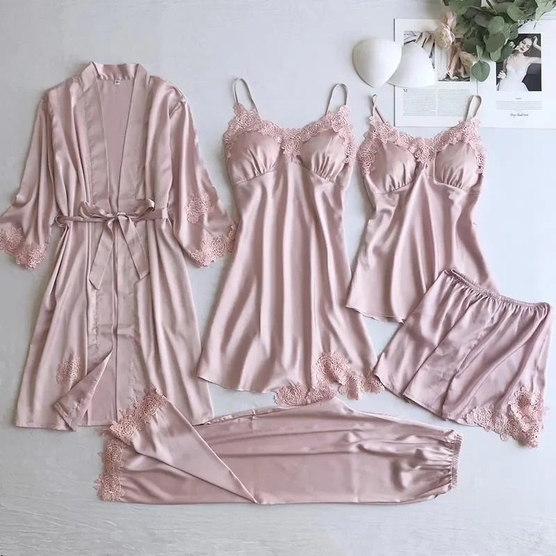 Women's Sleepwear Gray 5PCS Nightgown Set Women Lace Nightwear V-Neck Pajamas Suit Homewear Spring Robe Gown Sleep Wear Pijama Negligee