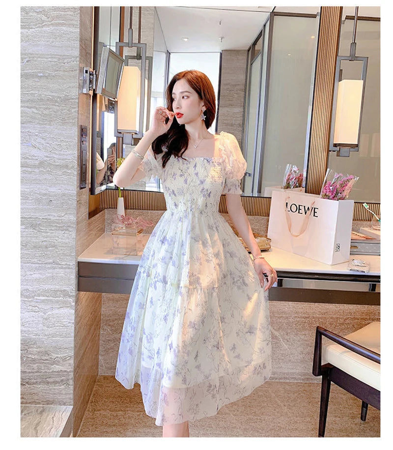Zoki Elegant Floral Chiffon Party Dress Women Fashion Puff Sleeve A Line Midi Dress Sweet Square Collar Korean Female Vestidos