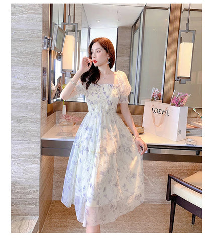 Zoki Elegant Floral Chiffon Party Dress Women Fashion Puff Sleeve A Line Midi Dress Sweet Square Collar Korean Female Vestidos