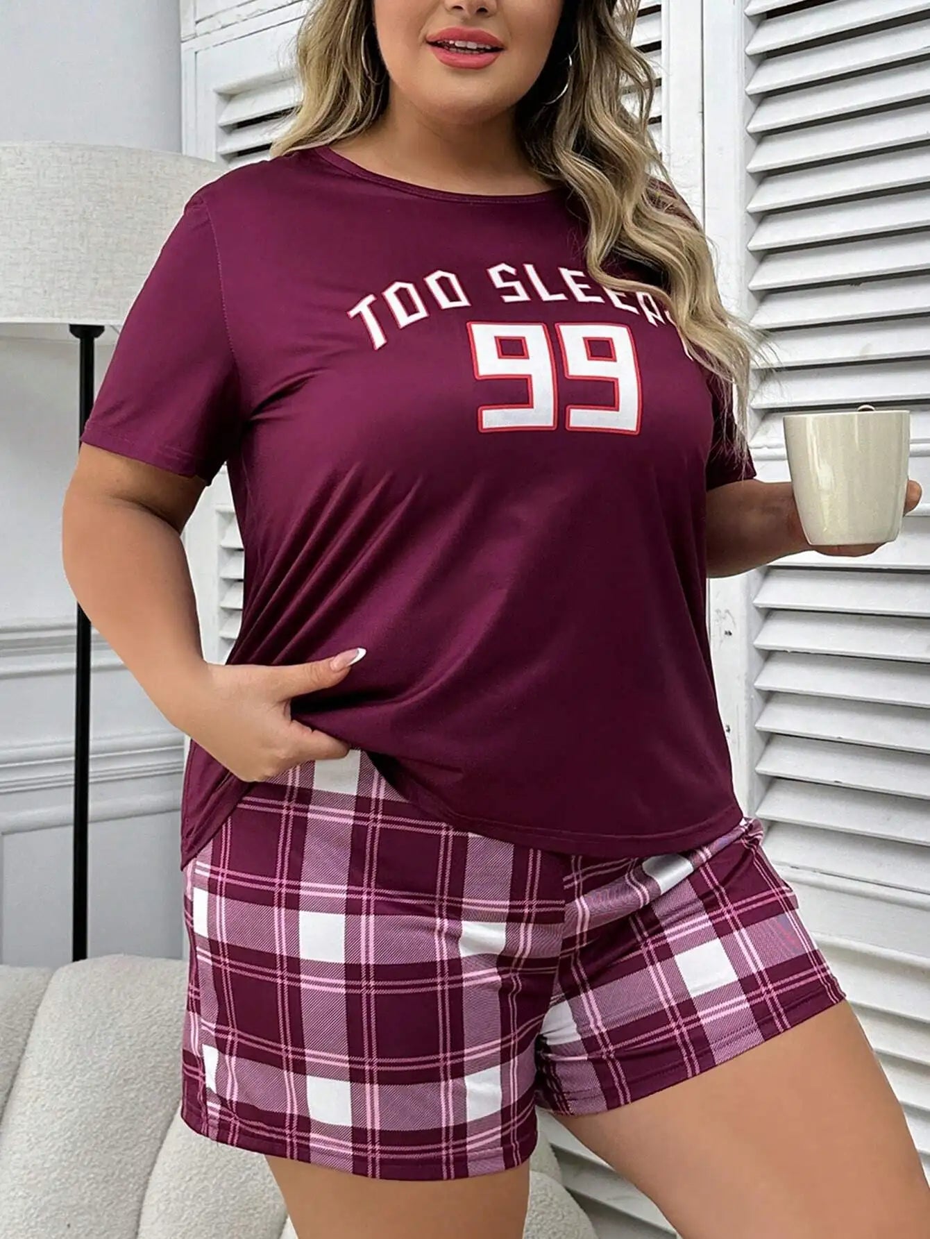 Plus Size Loose Fit Short Sleeve Top with Graphic Print and Plaid Shorts Pajama Set