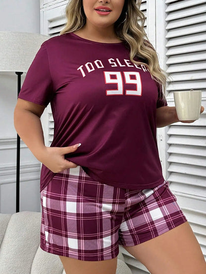 Plus Size Loose Fit Short Sleeve Top with Graphic Print and Plaid Shorts Pajama Set