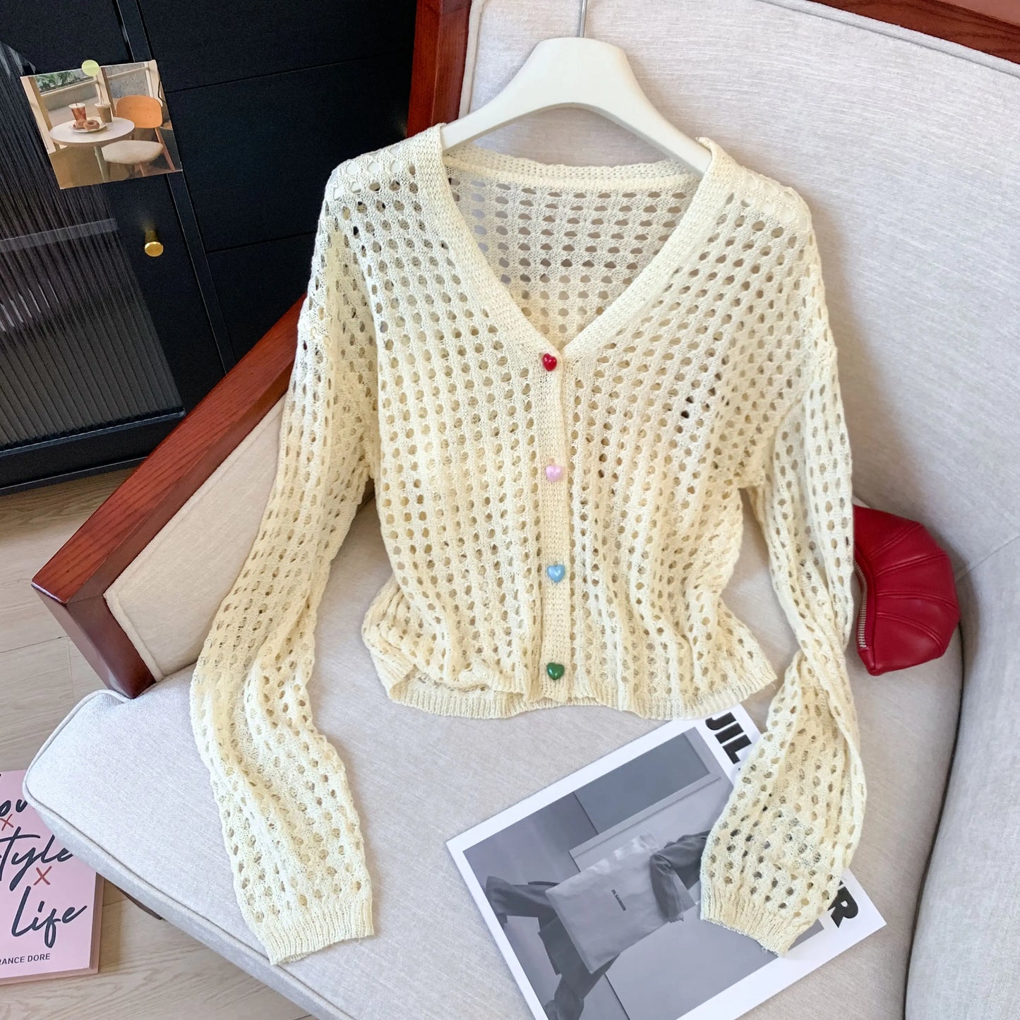 Crochet Cardigan Women Multicolor Heart Button Front Long Sleeve Sheer Openwork Knit Top Jacket Teen-girl Boho Vacation Outfit