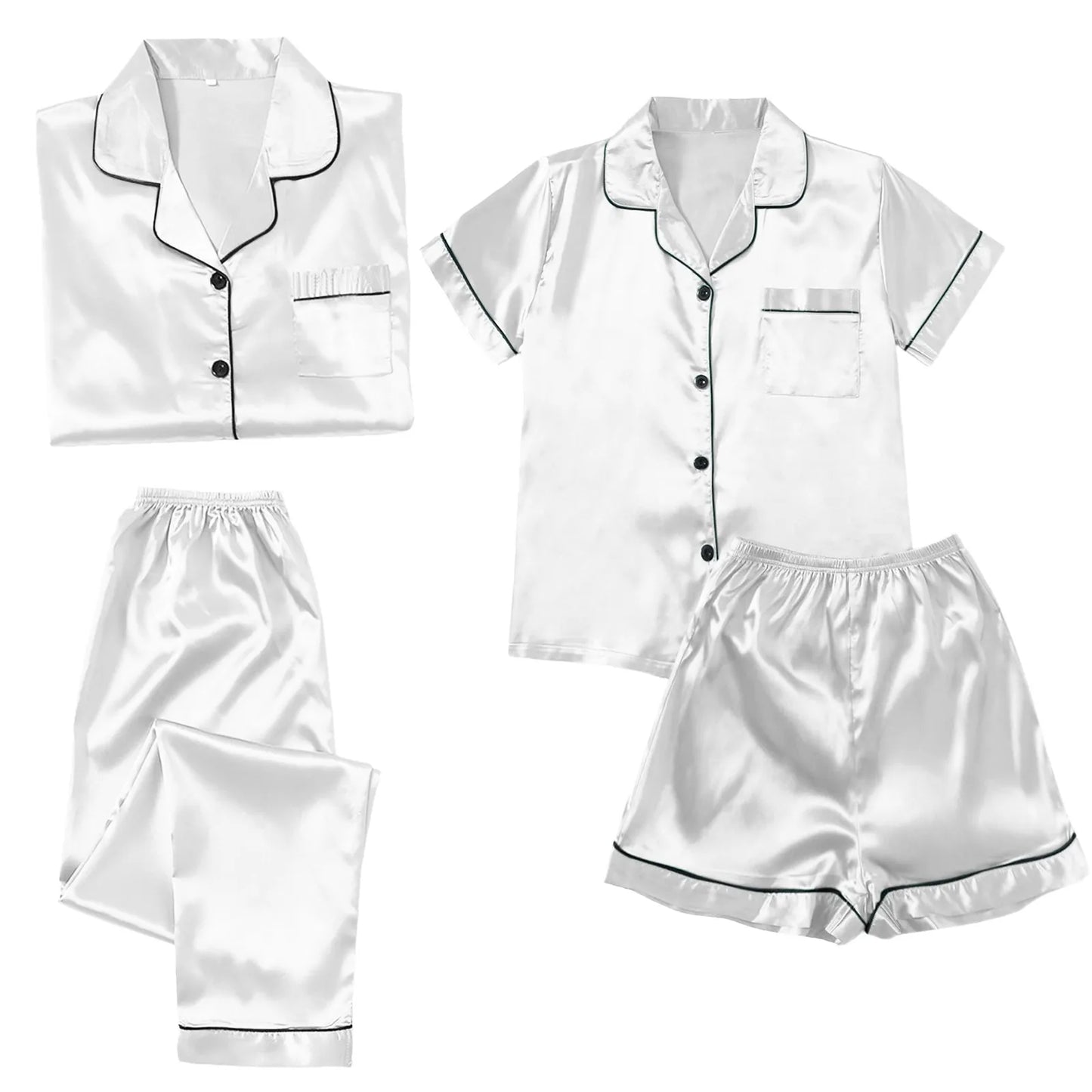 4 Piece Women Pajama Sets Satin Silky Soft Plus Size Home Clothes Loungewear Short Sleeve Long Sleeve Pyjama Sets All Seasons