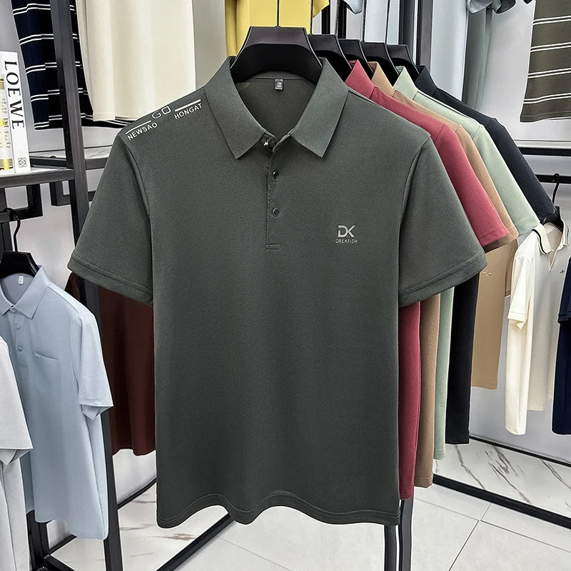 Mens Vertical Fine Rib Short Sleeve Polo Shirts Minimal Chest Embroidery Anti Crease Soft Comfort Daily Business Shirts