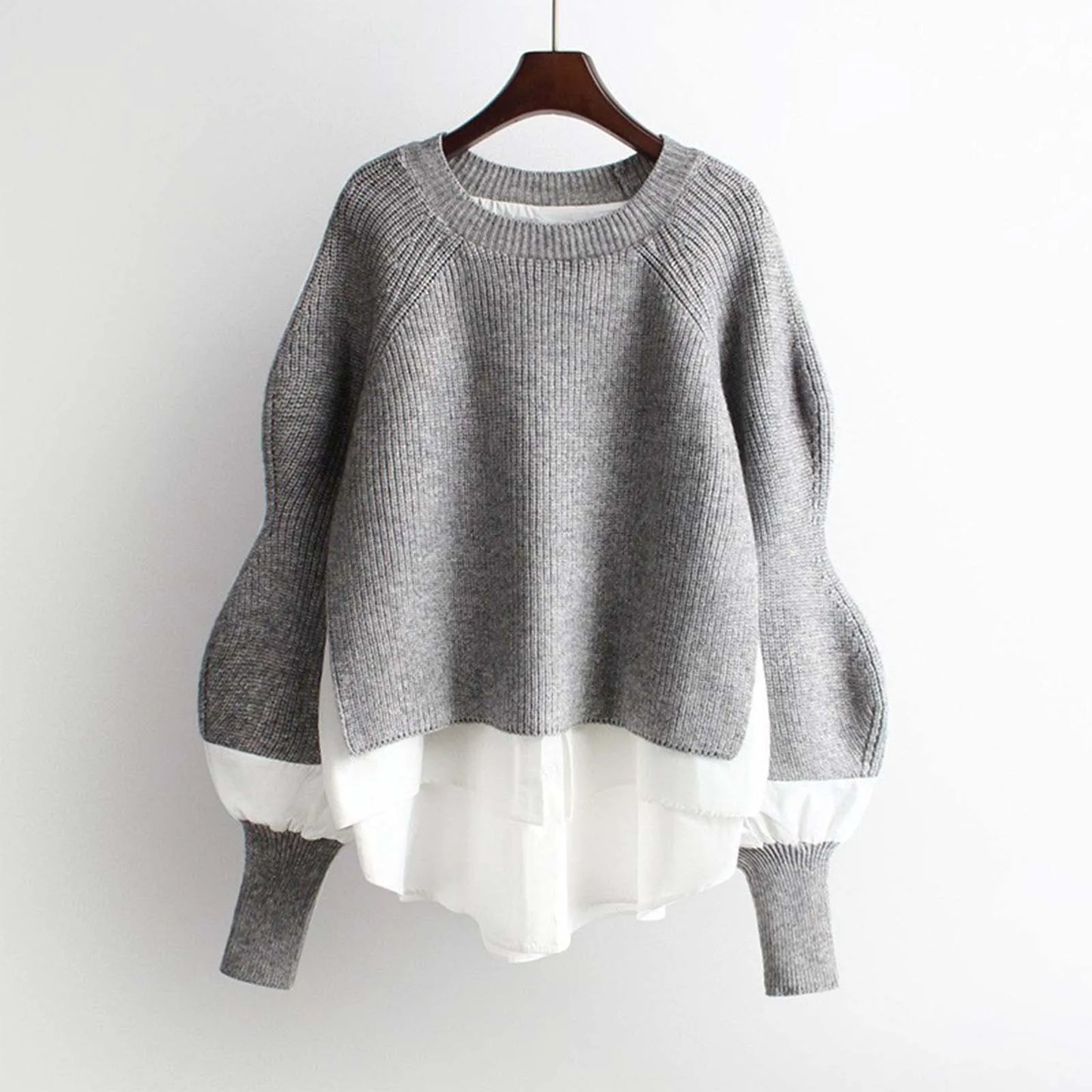 Patchwork Knit Pullover Sweaters for Women Lantern Sleeve Round Neck Warm Sweaters Polar Soft Sweater Top Autumn Winter Clothes