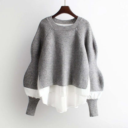 Patchwork Knit Pullover Sweaters for Women Lantern Sleeve Round Neck Warm Sweaters Polar Soft Sweater Top Autumn Winter Clothes