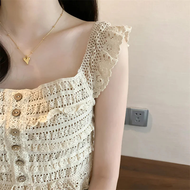 Smocked Ruffled Tank Top with Lace Trim Crochet Top Women's Button-up Pointelle Crop Cami Vest Spring Summer 2026 Y2K 90s