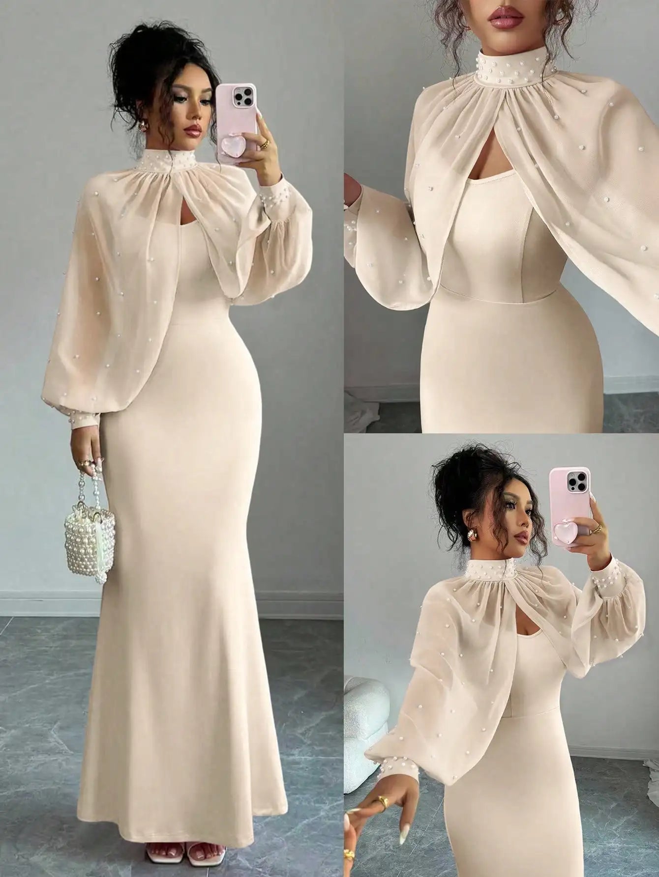 Elegant Pink Mermaid Gown with Beaded Sheer Capelet, Bodycon Slip Dress Set