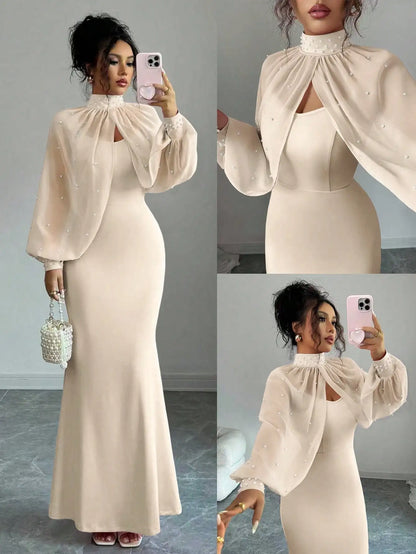 Elegant Pink Mermaid Gown with Beaded Sheer Capelet, Bodycon Slip Dress Set
