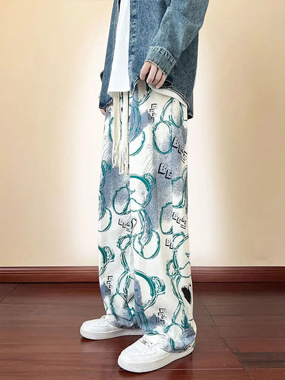 Fashion Y2k Print Wide leg Baggy Pants Men Korean Designer Student Streetwear Straight Long Trousers Casual Sport Hip hop 2023