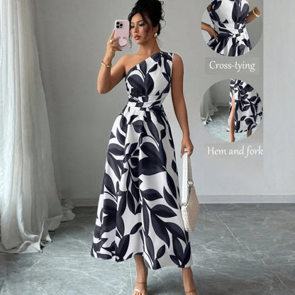Cross-Border Spring Summer New Floral Print Asymmetrical Shoulder Split Long Dress Sexy Holiday Beach Casual Street Style