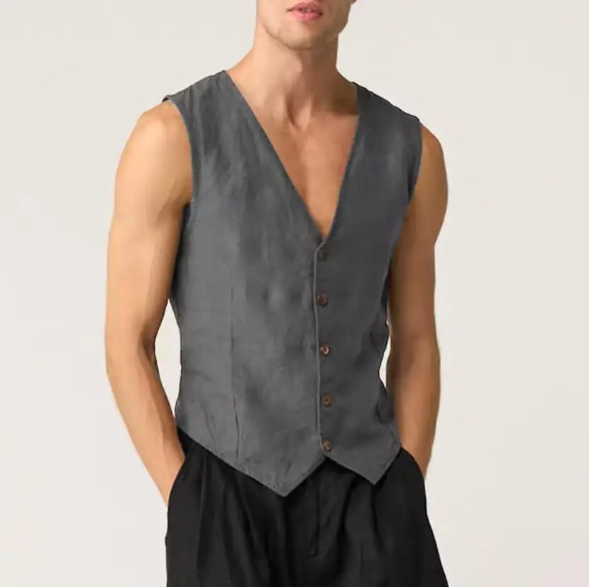 Linen Casual Men's Vest Cool Sleeveless Male Summer Single Breasted Suit Vests V Neck Vintage Jacket for Men Waistcoat