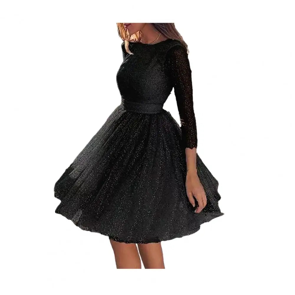 Dazzling Evening Gown Glitter Starry Tulle Prom Dress Crew Neck Formal Women Evening Dress Mesh Cocktail Party Short Dress 80%