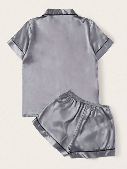 Women's Satin Pajama Set with Contrast Piping, Short Sleeve Button-Up Top & Shorts