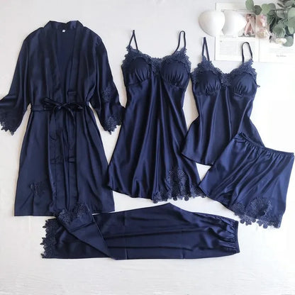 Women's Sleepwear Gray 5PCS Nightgown Set Women Lace Nightwear V-Neck Pajamas Suit Homewear Spring Robe Gown Sleep Wear Pijama Negligee