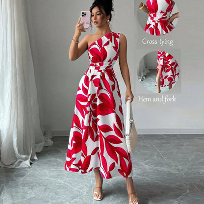 Cross-Border Spring Summer New Floral Print Asymmetrical Shoulder Split Long Dress Sexy Holiday Beach Casual Street Style