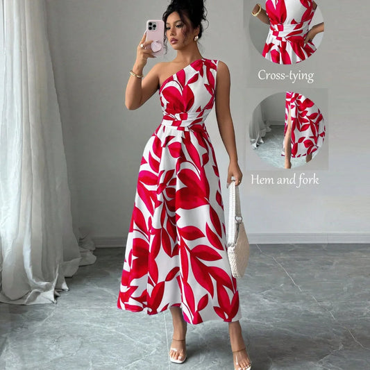 Cross-Border Spring Summer New Floral Print Asymmetrical Shoulder Split Long Dress Sexy Holiday Beach Casual Street Style