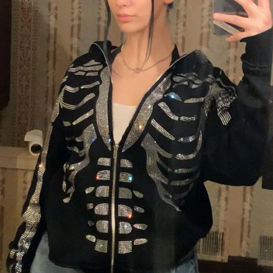 Hot Skeleton Rhinestone Women Goth Zip Up Hoodie Sweatshirt Gothic Long Sleeve Oversized Hoodie Y2k Jacket Men Hoodies New Coat