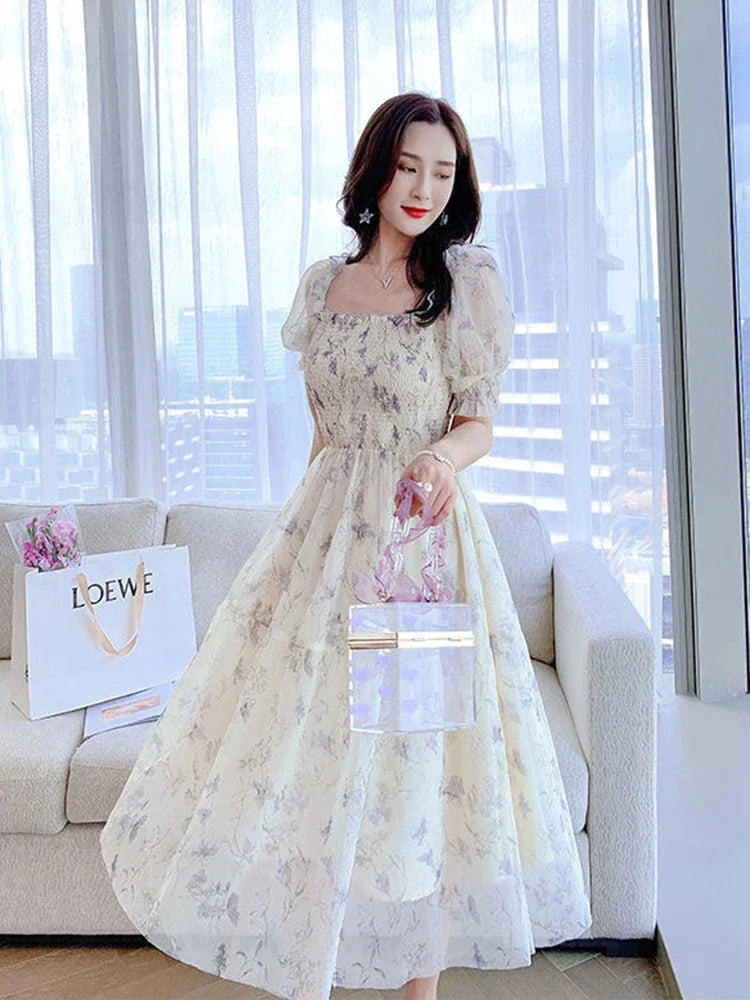 Zoki Elegant Floral Chiffon Party Dress Women Fashion Puff Sleeve A Line Midi Dress Sweet Square Collar Korean Female Vestidos