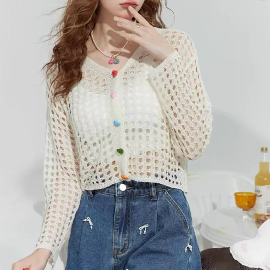 Crochet Cardigan Women Multicolor Heart Button Front Long Sleeve Sheer Openwork Knit Top Jacket Teen-girl Boho Vacation Outfit