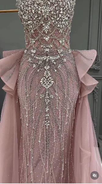 Customized Luxury Pink Spaghetti Strap Mermaid Beaded Prom Dresses with Overskirt Formal Party Gowns for Women Evening Dresses