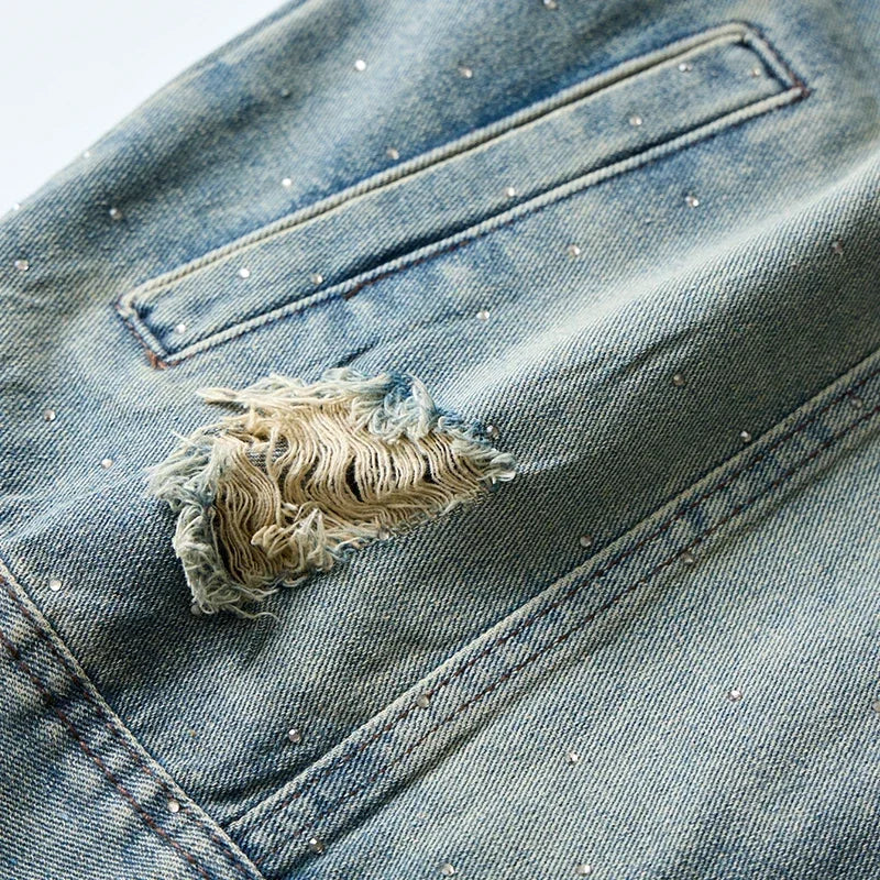 Blue Men's Ripped Sleeveless Denim Jacket, Single Breasted Loose Vintage Old Vest Coat, 2025 New