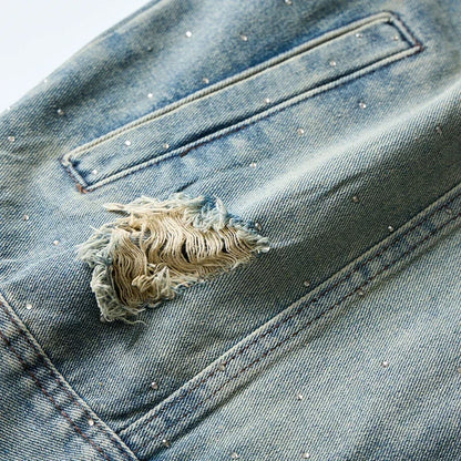 Blue Men's Ripped Sleeveless Denim Jacket, Single Breasted Loose Vintage Old Vest Coat, 2025 New