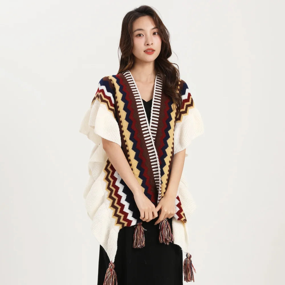 Women Spring Autumn Bohemia Shawl Lady Mohair Knitted Tassel Cardigan Retro Ethnic Wrap Striped Ruffled Scarf for Travel New in