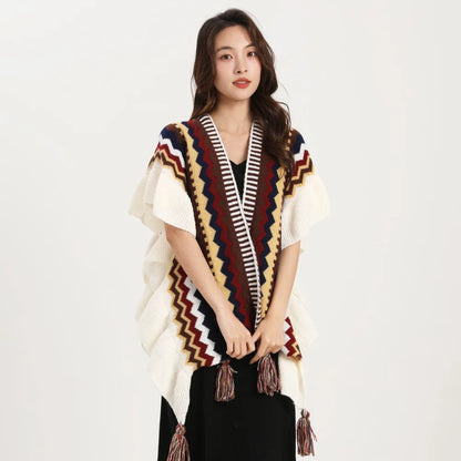 Women Spring Autumn Bohemia Shawl Lady Mohair Knitted Tassel Cardigan Retro Ethnic Wrap Striped Ruffled Scarf for Travel New in