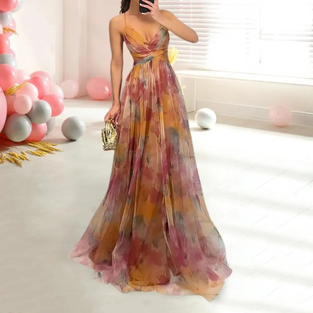 Women Backless Slip Evening Dress Mesh Colorful Printing Low-cut Spaghetti Strap Pleated Floor Length Tight Waist Maxi Dresses