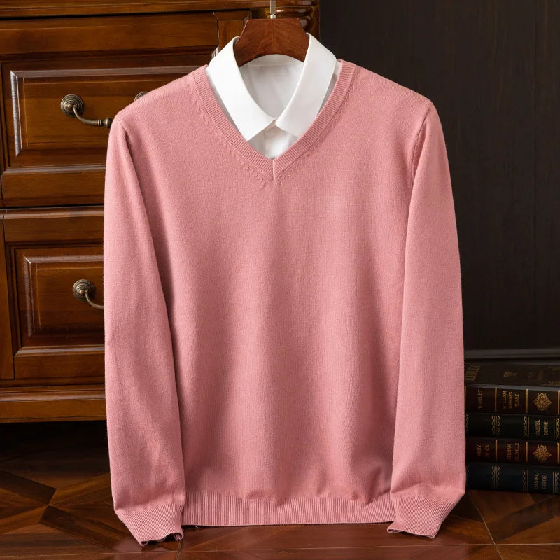 Autumn Winter Basic Merino Wool V-neck Sweater Men's Fashionable Casual Business Knitwear Cashmere Pullover Clothing Tops