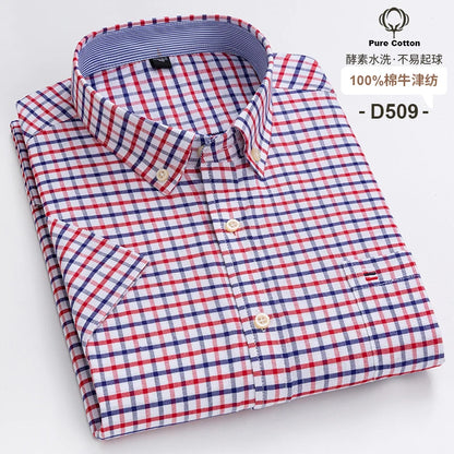 100%Pure Cotton Oxford Men's Shirts Short Sleeve Plaid Soft Regular Fit Formal Dress Shirt Social Blouse Male Clothes 6XL 7XL