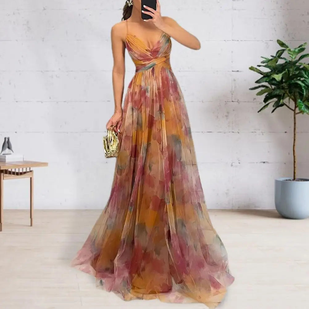 Women Backless Slip Evening Dress Mesh Colorful Printing Low-cut Spaghetti Strap Pleated Floor Length Tight Waist Maxi Dresses