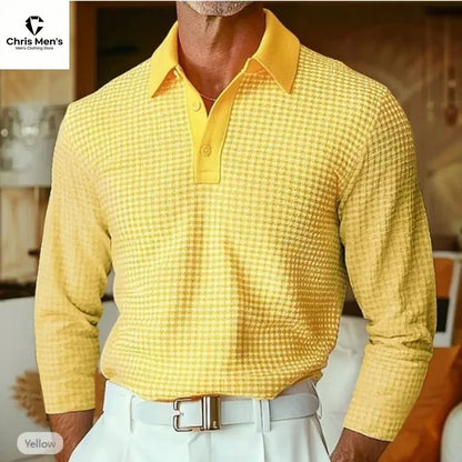 Men's Waffle Knit Long Sleeve Polo Shirt, Solid Textured Casual Golf Shirt, Breathable Pullover for Business & Daily