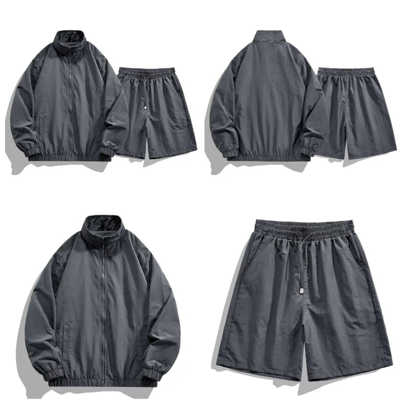 Summer Fashion Lightweight Breathable Sports and Leisure Set Outdoor Running Fitness UV Resistant Jacket Five Inch Shorts Set