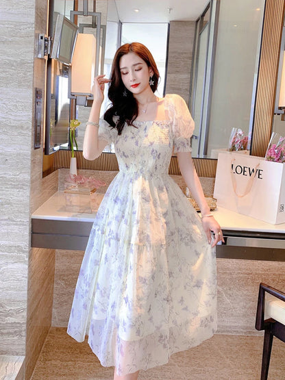 Zoki Elegant Floral Chiffon Party Dress Women Fashion Puff Sleeve A Line Midi Dress Sweet Square Collar Korean Female Vestidos