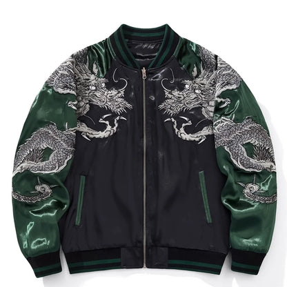 Harajuku Yokosuka Dragon Embroidered Jacket Autumn Street Hip Hop Men's Green Sleeve Japanese Coat