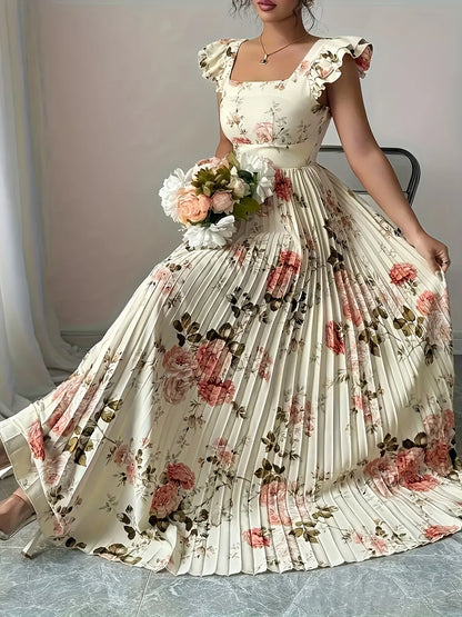 Elegant Beige Floral Pleated Dress