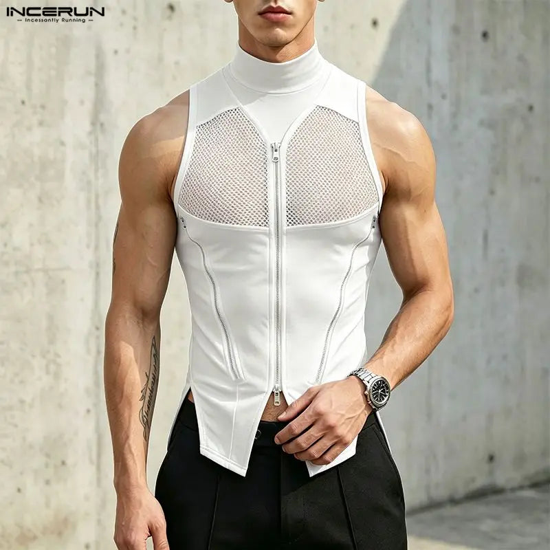 INCERUN Men Tank Tops Mesh Patchwork Turtleneck Zipper See Through Sleeveless Men Clothes Streetwear Irregular Tops Male Vests