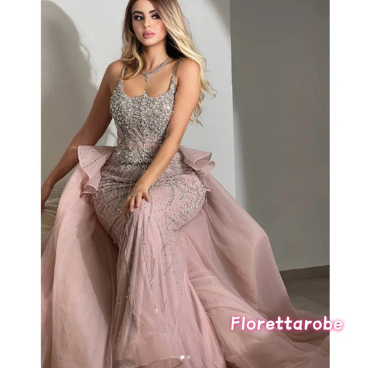 Customized Luxury Pink Spaghetti Strap Mermaid Beaded Prom Dresses with Overskirt Formal Party Gowns for Women Evening Dresses