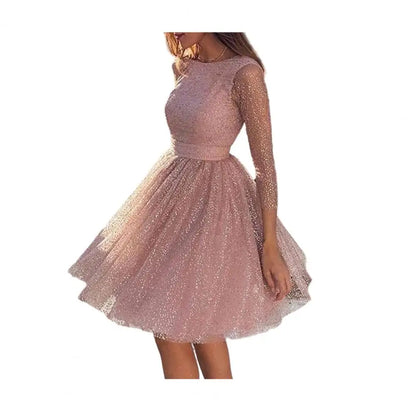 Dazzling Evening Gown Glitter Starry Tulle Prom Dress Crew Neck Formal Women Evening Dress Mesh Cocktail Party Short Dress 80%