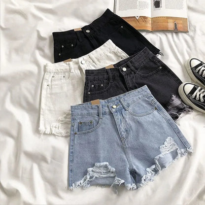 Korean Denim Shorts Women Summer Fashion Casual High Waist Ripped Jeans Pocket Tassel Hot Pants Streetwear Blue Trousers