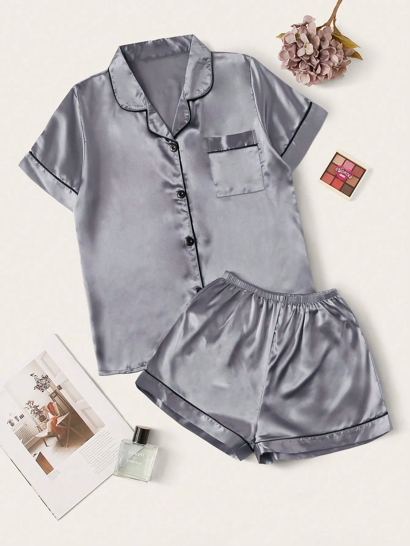 Women's Satin Pajama Set with Contrast Piping, Short Sleeve Button-Up Top & Shorts