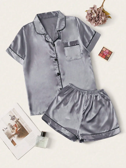 Women's Satin Pajama Set with Contrast Piping, Short Sleeve Button-Up Top & Shorts